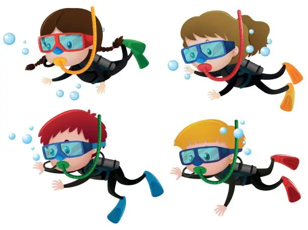 Vector illustration of Four kids scuba diving underwater