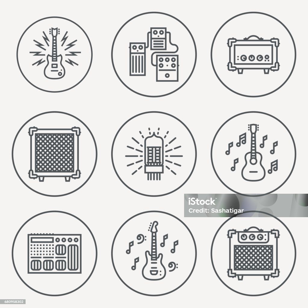 Assorted Guitar Stuff. Line Design Circle Icon Set. Vector Illustrations. Guitar Effects Pedal stock vector