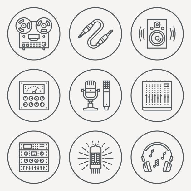 ilustrações de stock, clip art, desenhos animados e ícones de analog recording vintage music studio. line design circle icon set. vector illustrations. - vacuum tube