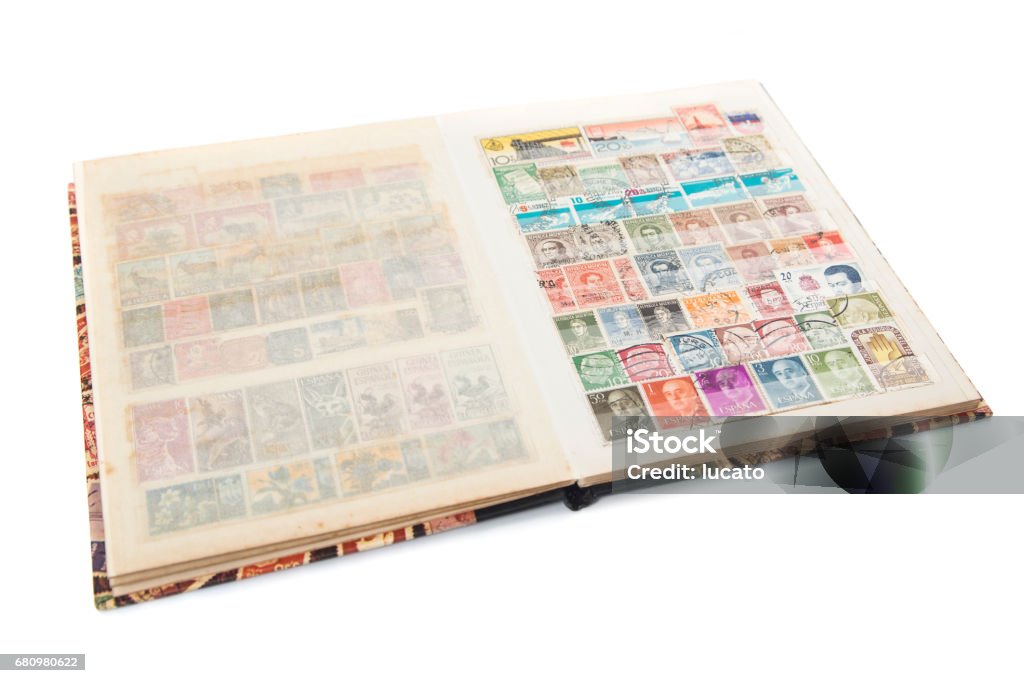 Stockbook with postage stamps collection A storage book used by collectors for storing postage stamps Stamp Collecting Stock Photo