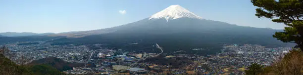 Panoramic view of the iconic snowy peak of Mount Fujiyama rising above the landscape of Fujikawaguchiko.