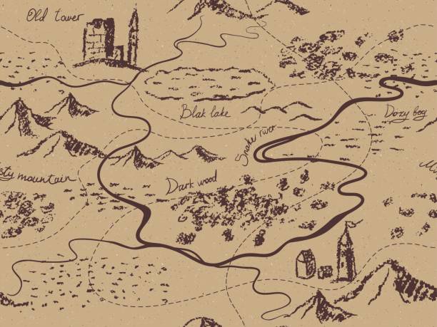 aged fantasy vintage bez szwu mapa z gór, budynków, drzew, wzgórz, rzeki. - sepia toned frame paper backgrounds stock illustrations