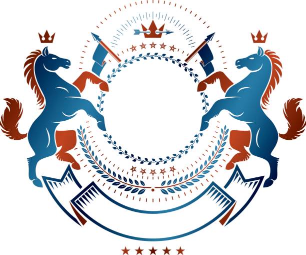 symbol graficzny stworzony przy użyciu dzikiego konia elementu zwierzęcego, luksusowej wstążki i cesarskiej korony. heraldyczny element projektu wektora. etykieta w stylu retro, ikona heraldyki, - imperial power stock illustrations