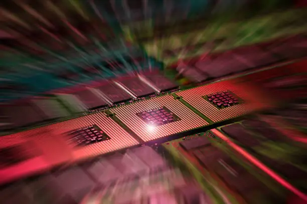 computer processors aligned with lighting effects postproduction, background.