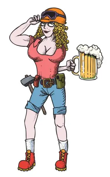 Vector illustration of Cartoon image of hard working woman with beer