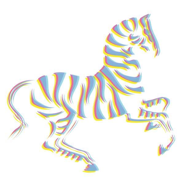 ilustrações de stock, clip art, desenhos animados e ícones de vector rear up cmyk halftone zebra silhouette with colorful stripes on white background. - safari animals audio