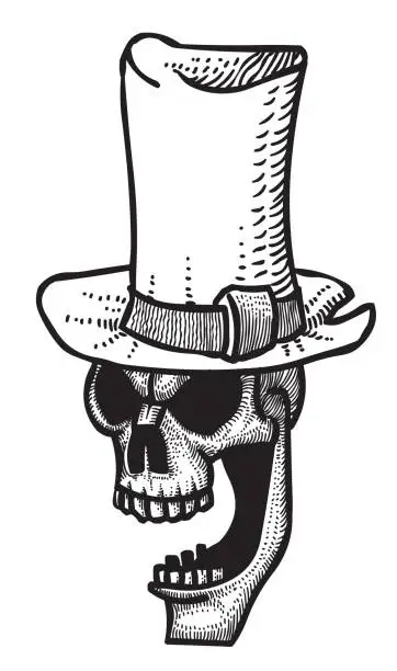 Vector illustration of Cartoon image of laughing skull in top hat