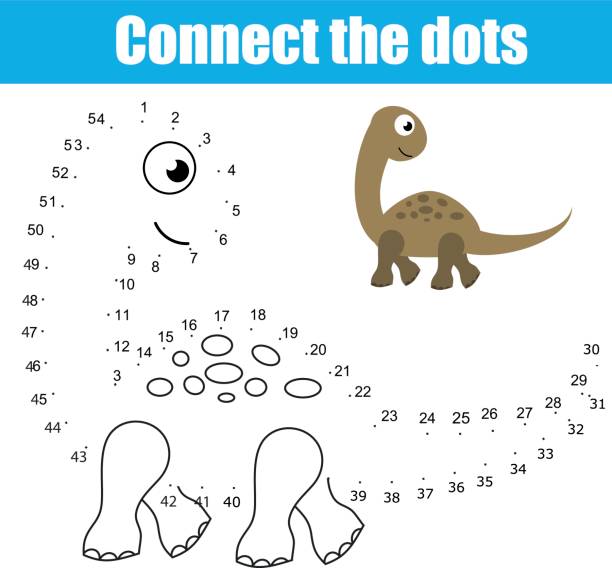 ilustraciones, imágenes clip art, dibujos animados e iconos de stock de conectar los puntos por juego educativo de los niños de los números. actividad imprimible de la hoja de cálculo. tema de animales, dinosaurios - drawn learn dinosaur