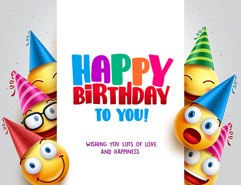 Happy birthday vector design with smileys wearing birthday hat in white empty space for message and text for party and celebration. Vector illustration.
