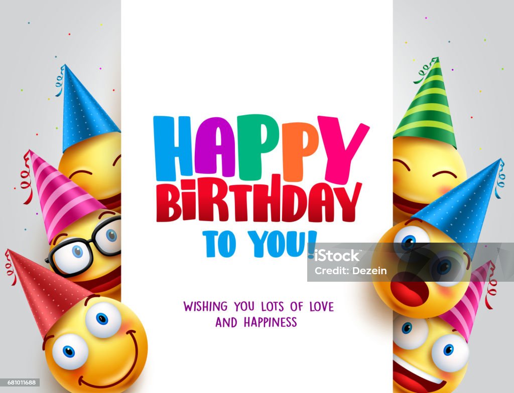 Happy birthday vector design with smileys wearing birthday hat Happy birthday vector design with smileys wearing birthday hat in white empty space for message and text for party and celebration. Vector illustration. Birthday stock vector