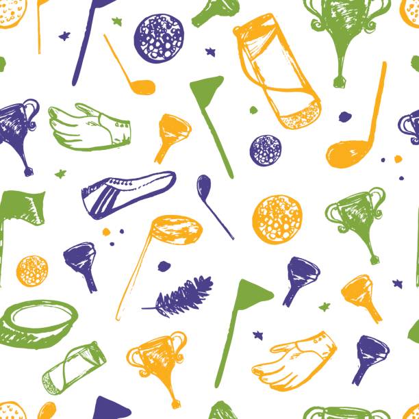 Bright golf club Seamless pattern with sport equipment, hand drawngrunge set. Green and yellow illustration with cartoon objects for site header, wallpaper, good for printing. Bright golf club Seamless pattern with sport equipment, hand drawngrunge set. Green and yellow illustration with cartoon objects for site header, wallpaper, good for printing golf designs stock illustrations
