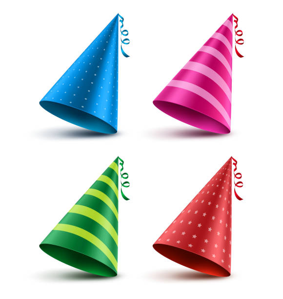 illustrations, cliparts, dessins animés et icônes de vecteur de chapeau anniversaire sertie d’éléments de motifs colorés et décorations - party hat