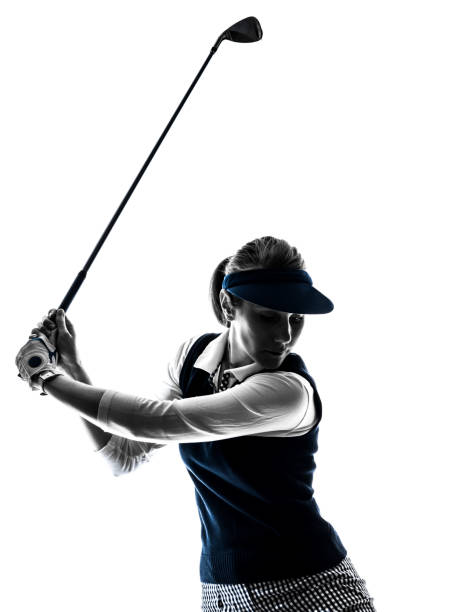 silueta de mujer jugador de golf - golf athlete fotografías e imágenes de stock