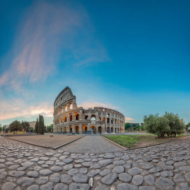 sunrise at colosseum, rome, italy - xxl panorama - rome ancient rome skyline ancient imagens e fotografias de stock