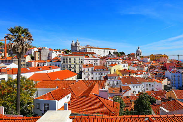 Miradouro das Portas do Sol viewpoint in Alfama district in Lisbon Portugal. Iconic view of the old town