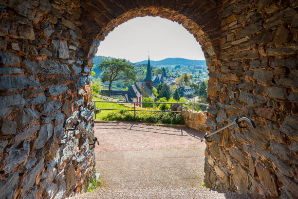 view through an arch to city Saarburg in Germany