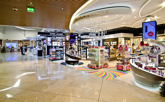 ATHENS GREECE AIRPORT, DECEMBER 13 2015: duty free shops at Eleftherios Venizelos airport in Athens Greece, swarovski, lancome, dior shops, Editorial use.