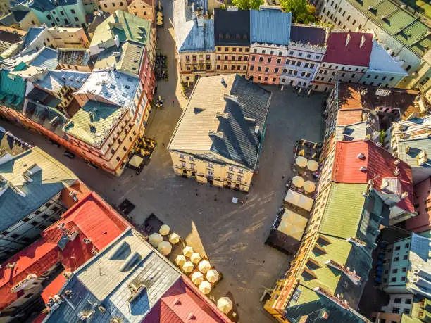 Lublin seen from the sky. Old Town, Old Crown Court, Trinitarian Tower.
