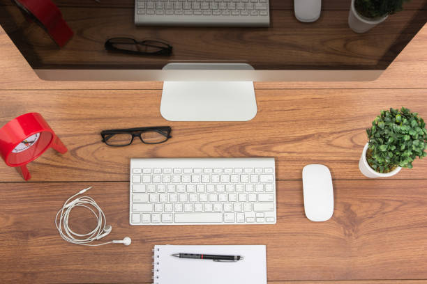 istock Business office top view computer monitor 681091814