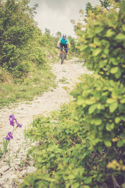 istock Enduro All Mountain E bike rider - adrenaline MTB trail Copy Space 681092000