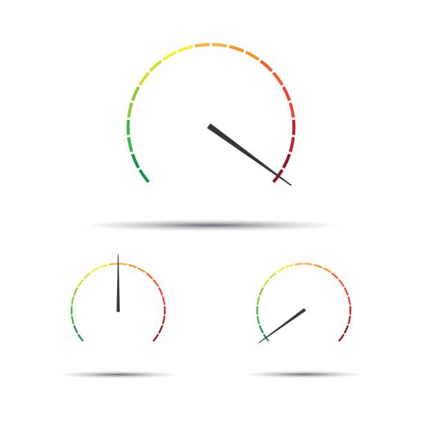 ilustrações, clipart, desenhos animados e ícones de conjunto de tacómetros vetor simples com indicadores na parte vermelha, amarela e verde - icon set arrow sign symbol computer icon