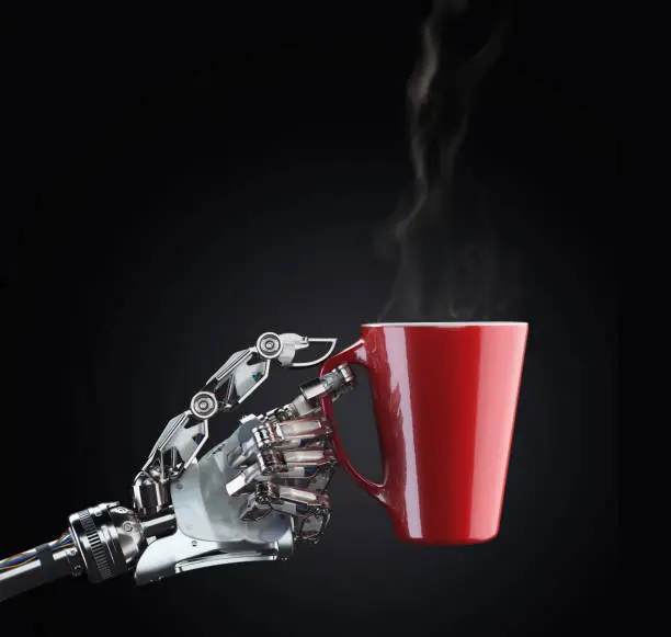 Mech hand holding a red coffe cup with hot coffee