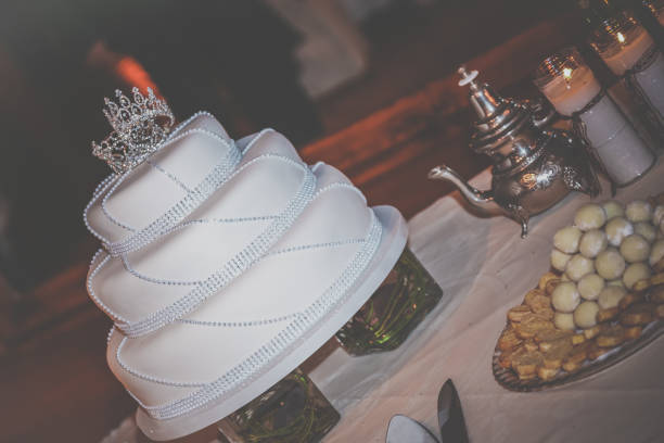 istock White Wedding, Birthday cake decorated with diamonds 681118290
