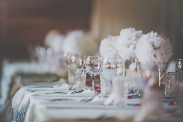 Wedding Birthday Reception Decoration, Chairs, Tables and Flowers Wedding Birthday Reception Decoration, Chairs, Tables and Flowers ballroom photos stock pictures, royalty-free photos & images