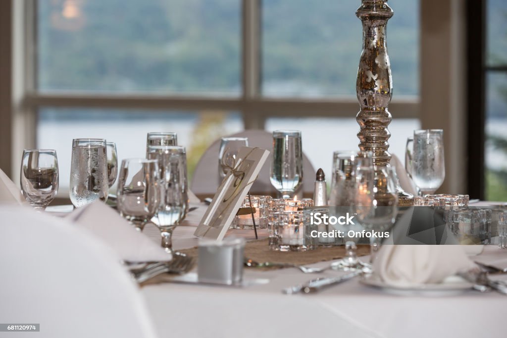 Wedding Birthday Reception Decoration, Chairs, Tables and Flowers Anniversary Stock Photo