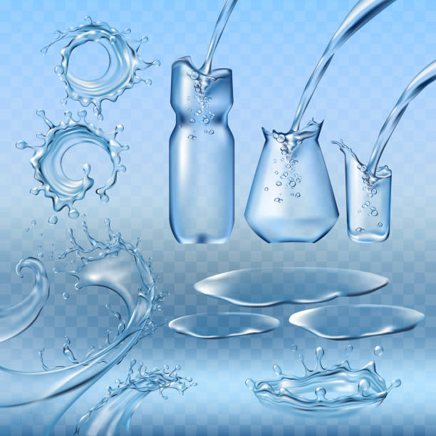 Set vector illustrations water splashes and flows, streams Set vector illustrations water splashes and flows, streams of various shapes, water pouring into a bottle, a jug, a glass. Design elements pouring stock illustrations