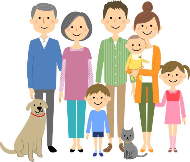 ilustrações, clipart, desenhos animados e ícones de a família com estou em boas condições - pets family dog asian ethnicity