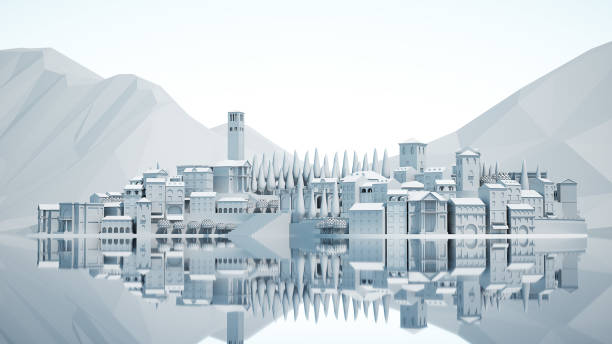 istock Mini toy Old city down town on small iland, 3d rendering 681170898