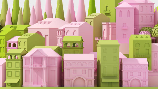 istock Mini toy Old city concept pink and green isolated on white, 3d rendering 681171790