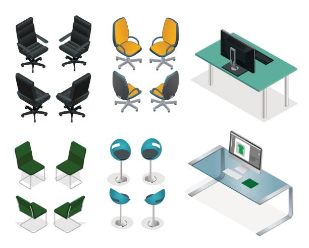 izometryczny zestaw krzeseł biurowych i stołów. łatwe meble biurowe vip na białym tle - office chair chair office furniture stock illustrations