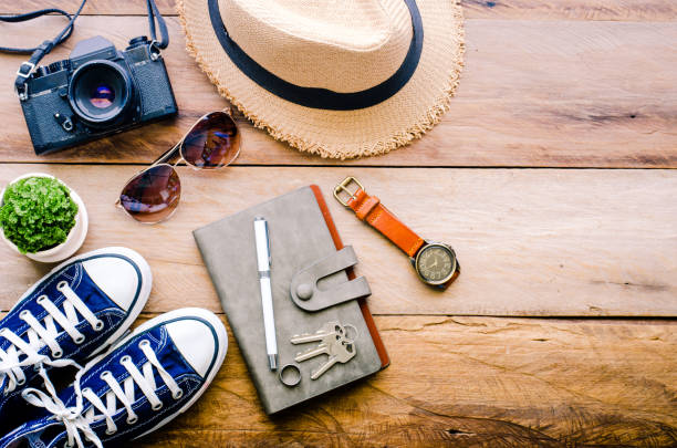 istock Travel accessories for trip on wood 681184576