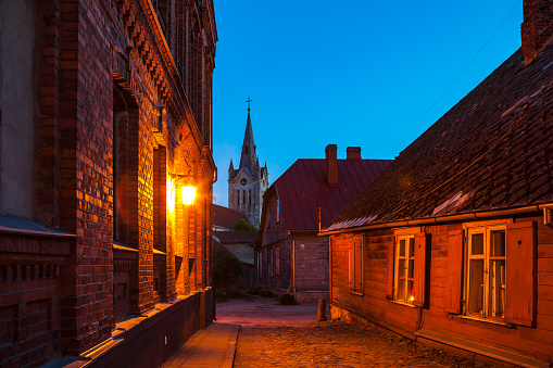 Old town street and buildings at summer night. Cesis, Latvia