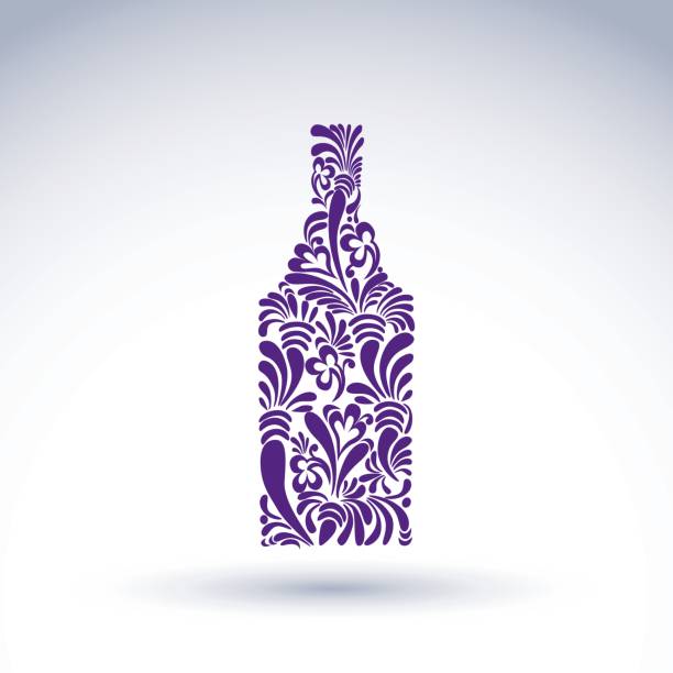 motyw alkoholu graficzny kwiat wzorzysty element. klasyczna butelka z abstrakcyjnym wzorem kwiatów i ozdobnymi lokami. obiekt wektorowy wypoczynku i relaksu. - flowerpatterned stock illustrations