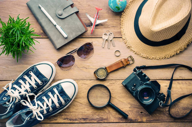 istock Travel accessories for trip on wood 681198676