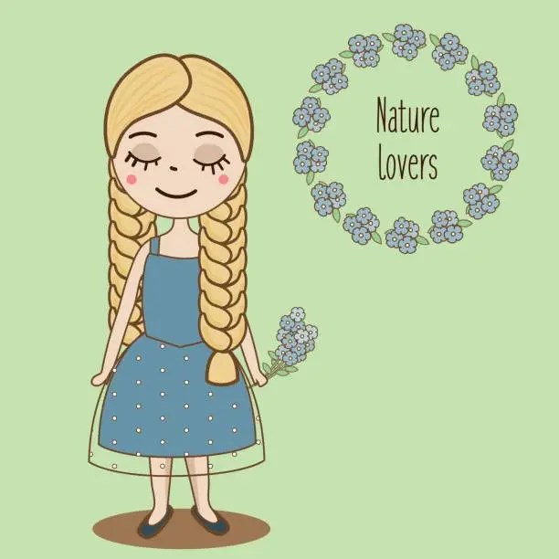 Vector illustration of Hand drawn girl with braids. Beautiful kid in blue summer dress. Cute female character. Vector illustration