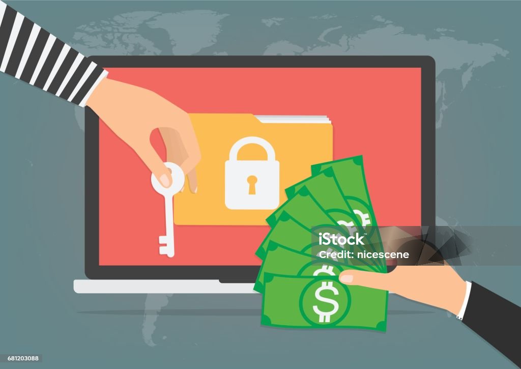 Businessman hand holding money banknote for paying the key from hacker for unlock folder got ransomware malware virus computer. Vector illustration technology data privacy and security concept. Ransomware stock vector