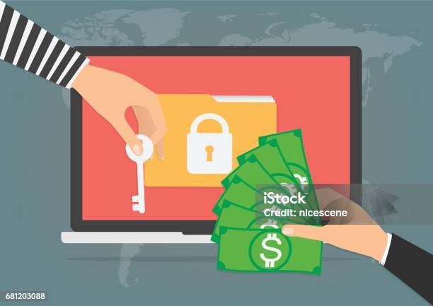 Businessman Hand Holding Money Banknote For Paying The Key From Hacker For Unlock Folder Got Ransomware Malware Virus Computer Vector Illustration Technology Data Privacy And Security Concept Stock Illustration - Download Image Now