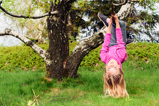 Child blond girl climbing a tree in a park outdoor. Upside down