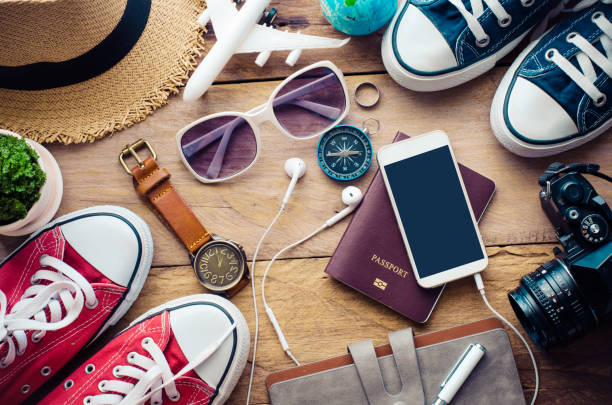 istock Travel accessories for trip on wood 681214330