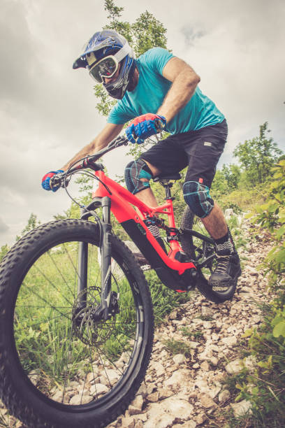 istock Enduro All Mountain E bike rider - adrenaline MTB trail 681214896