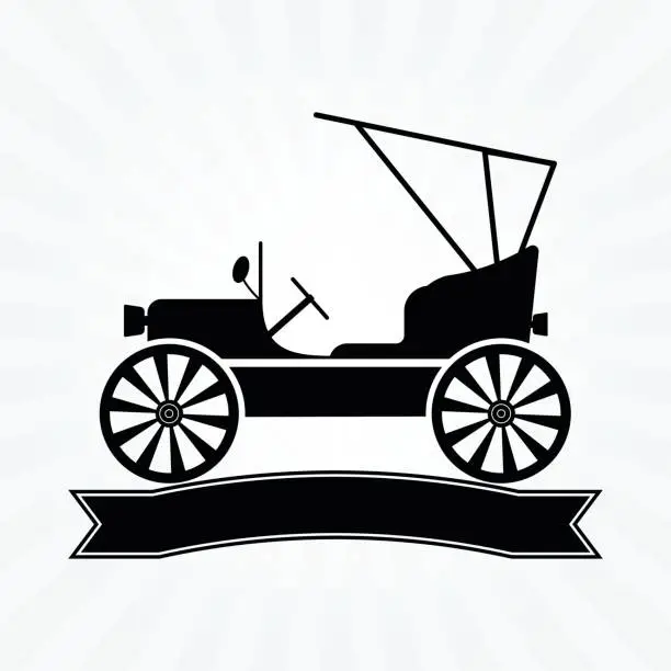 Vector illustration of Vintage classic car with banner text logodesign on sun rays background.