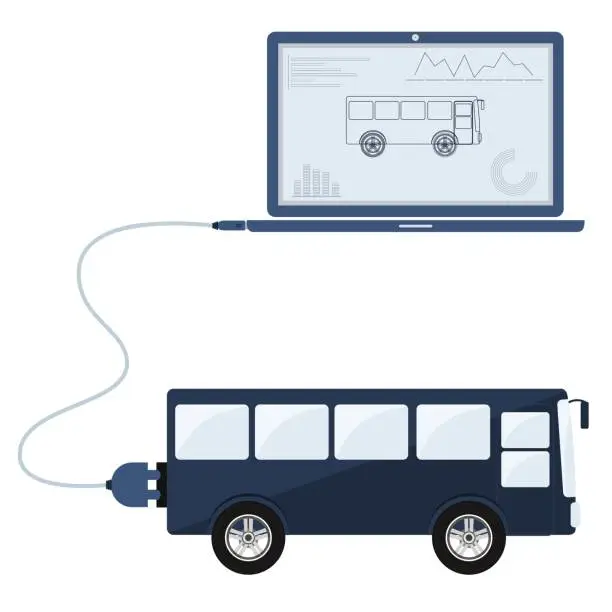 Vector illustration of Bus automation using laptop