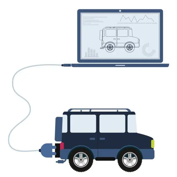 Vector illustration of 4x4 car automation using laptop