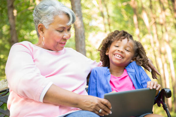 istock Grandmother and grandchild using digital tablet outdoors together. 681225066