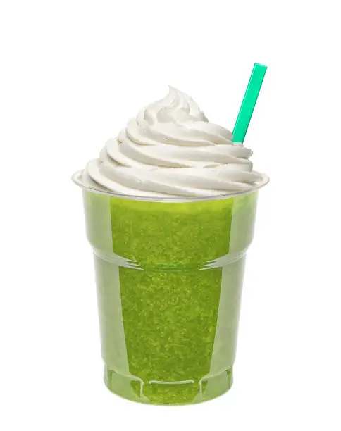 Green tea frappuccino in takeaway cup isolated on white background