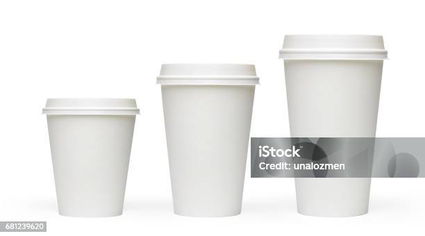 Three Sizes Blank Take Away Coffee Cups Stock Photo - Download Image Now - Coffee Cup, White Color, Cup